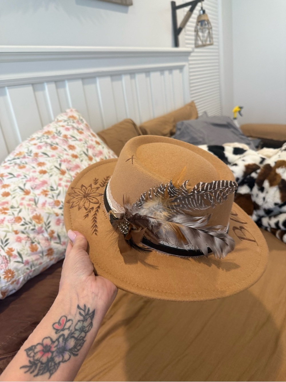 Tan Felt Fedora Hat with Feather Trim
